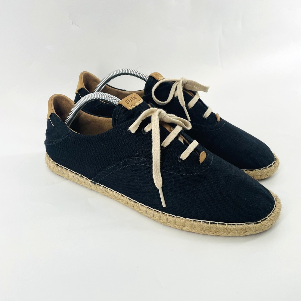 Olukai Kaula Pa'a Li Black Espadrille Sneakers Lace Up Shoes Women US 11 EU 41